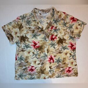 Cathy Daniels short sleeve blouse Hawaiian tropical  hibiscus palm fronds XL